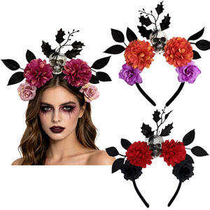 Serre-tête gothique rouge foncé et noir à motif floral, toile d'araignée et crâne, avec feuilles noires, pour Halloween - Product Image 1