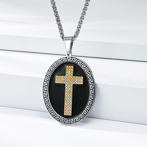 <b>Cross</b> Pendant Necklace For Men Stainless Steel Pave Setting Black Oval Design Hip Hop Style Sweater <b>Chain</b> - Product Image 4