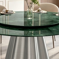 Table à manger élégante en marbre vert italien naturel de 59 pouces |   Plateau pivotant circulaire |   Meuble sur piétement en acier inoxydable ondulé avec base en métal