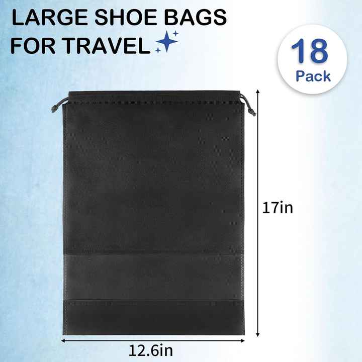 COIDEA 18-Pack Black Drawstring Travel Shoe Storage Bags Large Clear Window Dustproof Pack for Men Women Essential Travel