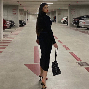 Vestidos de Mujer, Nuevas Llegadas, <span class=keywords><strong>Vestido</strong></span> Ajustado Negro de Manga Larga con Cuello Alto y Hombros Acolchados, Estilo Casual - Product Image 3