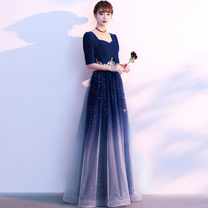 Evening Gown Women Square Neck Empire Waist Gradient Midi Dress Sheer Layer Cut Out For Wedding Banquet Choir Performance - Product Image 3