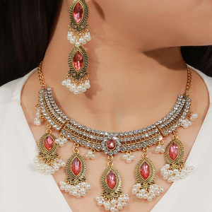 Conjunto <span class=keywords><strong>de</strong></span> collar y pendientes <span class=keywords><strong>de</strong></span> cristal Rosa Vintage, accesorios para mujer, conjunto <span class=keywords><strong>de</strong></span> joyería <span class=keywords><strong>de</strong></span> <span class=keywords><strong>perlas</strong></span> <span class=keywords><strong>de</strong></span> oro antiguo étnico - Product Image 3