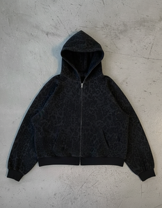 Custom 350gsm Habits Homme Top Trending Leopard Print Hoodies Luxury Blank Ribbed Design Black and <strong>White</strong> <strong>Zip</strong> <strong>up</strong> Hoodies Jackets - Product Image 2