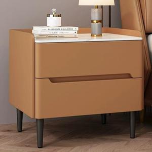 Table de chevet minimaliste sans poignée, écologique, durable, en bois massif, avec plateau en pierre crème, pour chambre à coucher contemporaine, salon - Product Image 1
