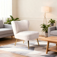 Fauteuil oriental traditionnel CARLFORD en tissu de laine d'agneau blanc avec pieds en métal, design moderne, fauteuil d'appoint pour salon