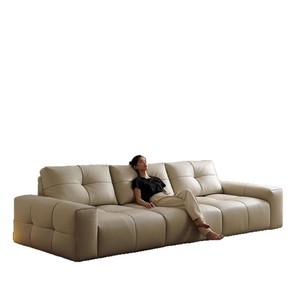 Sofá recto de cuero genuino de grano completo estilo crema con asiento profundo ajustable para sala de estar - Product Image 1