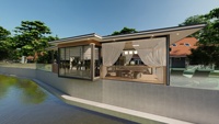 Maison préfabriquée personnalisée avec salle de sport - Style de maison modulaire pour la détente en plein air, grandes portes et fenêtres en verre
