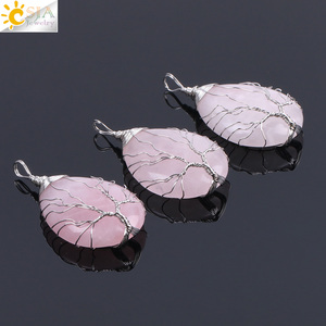 Colgante de piedra de cuarzo rosa natural CSJA hecho a mano Alambre de color plateado envuelto Árbol de la vida colgantes de lágrima de cristal <span class=keywords><strong>F122</strong></span> - Product Image 6