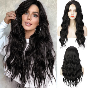 Peluca con malla frontal resistente al calor <span class=keywords><strong>KAMA</strong></span> para mujer, fibra sintética de raíz oscura, parte media rizada ondulada para uso diario en fiestas, estilo largo ondulado - Product Image 1