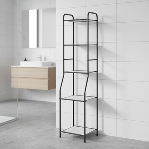 Tour de rangement de salle de bain moderne autoportante en fer noir mat à 5 étagères pour serviettes et articles quotidiens - Product Image 1