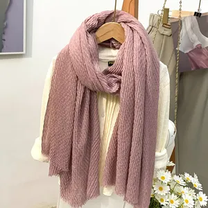 Grosir musim panas rumbai Tudung warna Solid selendang kerut wanita Linen katun syal jilbab