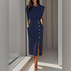 Robes pour femmes, couleur unie, col rond, taille cintrée, ourlet fendu, boutons métalliques, mode - Product Image 3