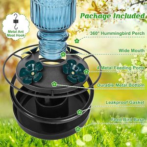 Pengumpan burung kolibri kaca 16 oz, paket penggunaan makanan sekrup logam aluminium pemberi makan burung liar luar ruangan Moat tanam 4 port pelindung lebah - Product Image 3