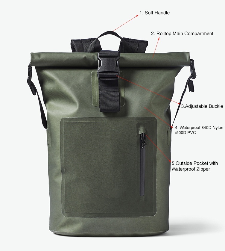 Custom Men Roll-Top PVC Dry Bag Waterproof Backpack Fully Waterproof Bag