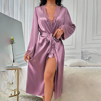 Peignoir long de grande taille, confortable, à manches longues, en soie glacée unie, sexy, amincissant, en dentelle, vêtements de détente, pyjama, cadeau pour mariée et demoiselle d'honneur
