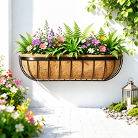 Panier mural ovale vintage noir robuste en fer, avec doublure en coco et revêtement PE, trou de drainage, 10L, pour maison, jardin et usage commercial