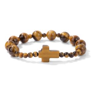 Vente flash Bracelet en pierres semi-précieuses Œil de tigre Quartz rose Perles de pierres naturelles Charmes en forme de croix Bracelet élastique pour la guérison - Product Image 6