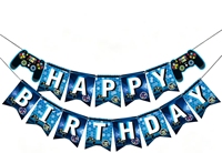 Bannière d'anniversaire sur le thème des manettes de jeu, spirales suspendues bleues, décorations de fête joyeux anniversaire