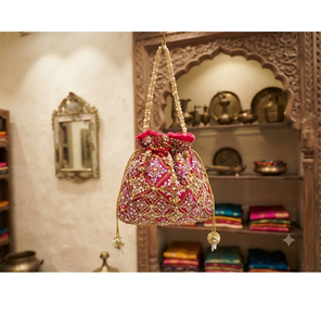 Sac à main classique indien en soie Potli, broderie Zardozi, sequins dorés, détails en perles, pochette ethnique de mariage, motif géométrique - Product Image 3