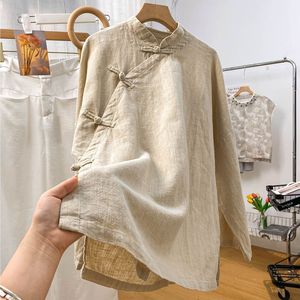 Cotton Linen Stand Collar Long Sleeve Shirt With Chinese Knot Buttons Solid Color Mid Length For Spring Autumn Everyday Wear - Product Image 1
