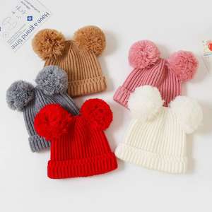 I-0083 Bonnet d'hiver chaud pour enfants, bébés filles et garçons, multicolore, avec impression numérique, motif plage, double pompon - Product Image 3