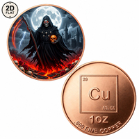 Pièce de monnaie en cuivre pur 999 de 1 oz, imprimée en couleur 2D, motif Halloween Grim Reaper Skull & Scythe