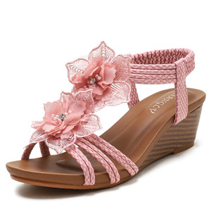Elegantes Sandalias de Plataforma con Encaje Rosa y Decoración Floral, Punta Abierta, Estilo Slip-On, Zapatos de Tacón para Mujer, Verano, Envío Directo - Product Image 1