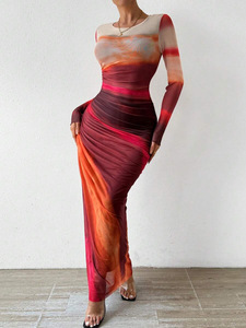 Vestido Largo de Malla Tie Dye Sostenible en Varios Colores para Mujer, Elegante, Cuello Redondo, Manga Larga, Ajustado, para Fiesta, con Decoración Drapeada, Lavable - Product Image 4