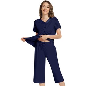 Conjunto de Pijama de Mujer al por Mayor con Cuello en V, Manga Corta, Pantalones Capri, Ropa de Dormir Suave de Punto, Dos Piezas, Ropa de Noche Cómoda para Mujer - Product Image 4