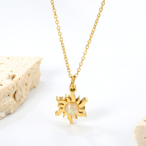 Sunflower Pendant <b>Necklace</b> Gold Plated <b>Opal</b> Inlay Geometric Design Women's Jewelry Gift Fashion Accessory - Product Image 1
