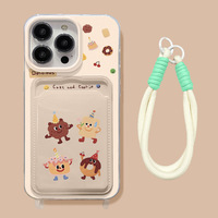 Étui de téléphone portable pour iPhone 15 Pro Max avec porte-cartes et cordon, motif ours mignon, design stéréo, finition par pulvérisation, style dessin animé pour femmes