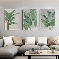 HAOWAI OEM/ODM Art mural vert minimaliste texturé triptyque feuille toile peinture feuille verte Wabi-sabi Art mural Boho décor affiche