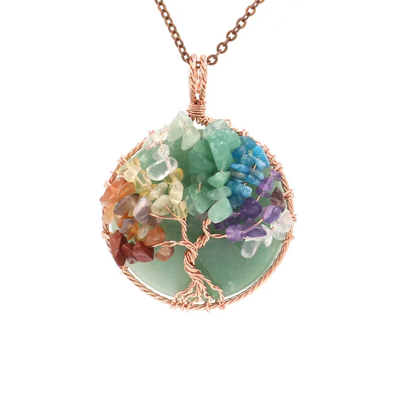 Pingente de pedra de ametista árvore da vida com pingente de chakra de 7 cores da moda