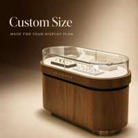 Vitrine de présentation de bijoux ovale sur mesure avec verre incurvé pour les magasins de bijoux en chaîne, taille, couleur, éclairage et matériaux personnalisés