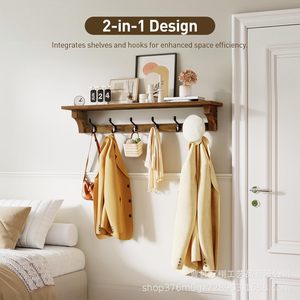 Wooden Wall Mounted <b>Clothes</b> Rack With Hooks Brown Durable Coat Rack For Entryway <b>Storage</b> - Product Image 3