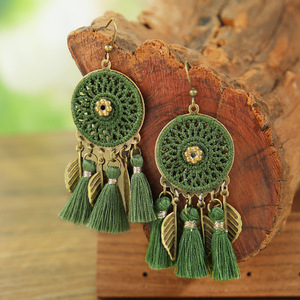 Bohemian Green Tassel <b>Drop</b> Earrings Alloy Antique <b>Bronze</b> Plated Women's Fashion Dangle Earrings - Product Image 4
