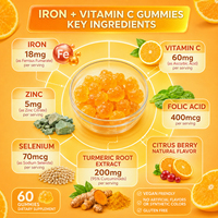 Gomitas de Hierro y Cúrcuma, Suplemento Herbal, Múltiples Vitaminas, Minerales, Biotina, Ácido Fólico, 60 Unidades, Vegano, Orgánico, Sin Gluten, Para Adultos