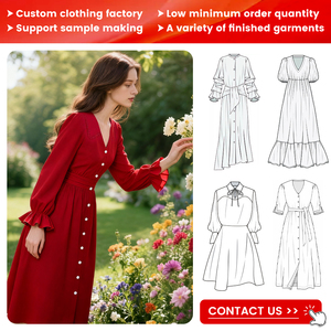 Váy voan nữ màu đỏ Midi giản dị năm mới với vòng eo tự nhiên dệt logo phía trước - Product Image 1