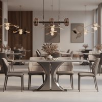 Ensemble de table à manger en pierre frittée italienne grise, luxe moderne, acier inoxydable doré, réglable, 6 places, rectangulaire, appartement