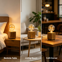 Lampe de table en bois, base carrée vintage en bois massif, ampoule, décoration romantique, lampe de nuit pour chambre à coucher, cadeau