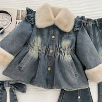 Ensemble de vêtements d'hiver pour petites filles, veste en jean doublée de polaire avec col en fourrure et pantalon évasé à perles, 2 pièces