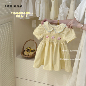 Tongxingyuan Girls Yellow Dress Short Sleeve Embroidered Duck Pattern Summer Breathable Children Clothing - Product Image 1