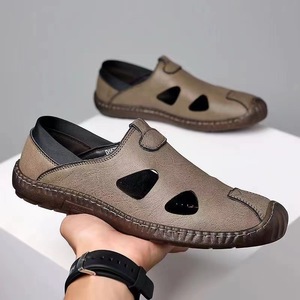 Men's Casual Hollow Leather <b>Sandals</b> With Stitching Rubber Sole Breathable Low Heel For Leisure - Product Image 2