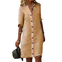 Robe longue décontractée en lin et coton pour femme, col chemise, manches mi-longues, grands boutons, style européen et américain, tenue d'été pour femme