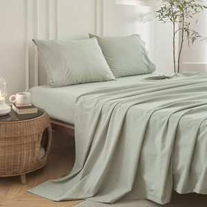 Parure de lit King Size verte en coton lavé 100 % Oeko-TEX Standard, motif uni, drap-housse à poches profondes - Product Image 4
