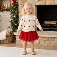 Ensemble assorti pour filles : Pull en tricot crème à motif cœur et jupe tutu en tulle rouge, pull à manches longues et col rond, jupe douce pour la Saint-Valentin