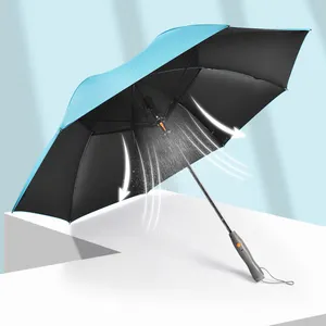 USB 충전기 냉각팬 우산을 가진 까만 UV 보호 팬 살포 지팡이 골프 우산