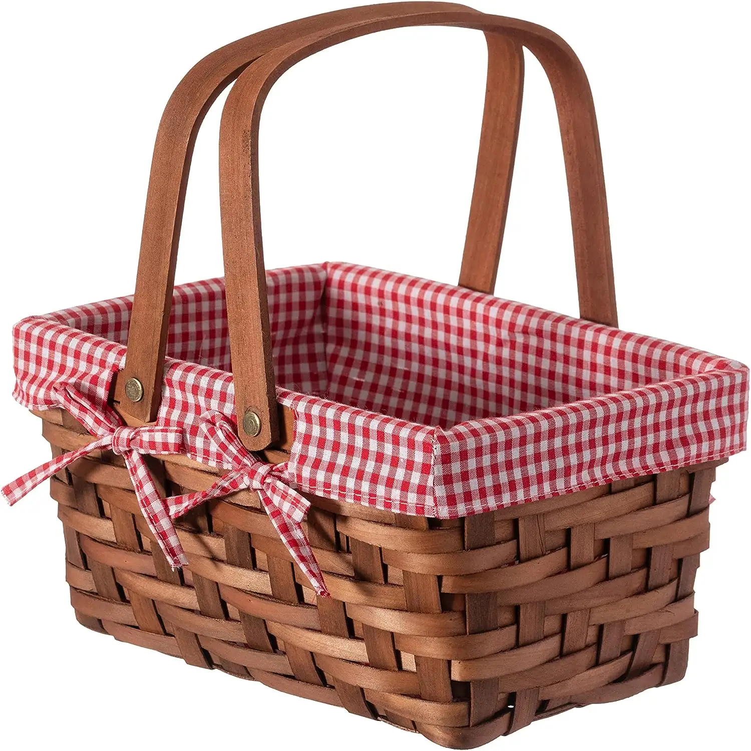 Picknickkorb aus Naturholz und -schnitzeln gewächshaus mit Doppelgriffen und roter und weißer Gingham-Decke