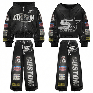 Custom Distressed Embroidery Zip up Rhinestone Graphic Boxy Hoodie Sweatpants Acid Wash <strong>tracksuit</strong> Mens Hoodies Sweatshirt Sets - Product Image 1